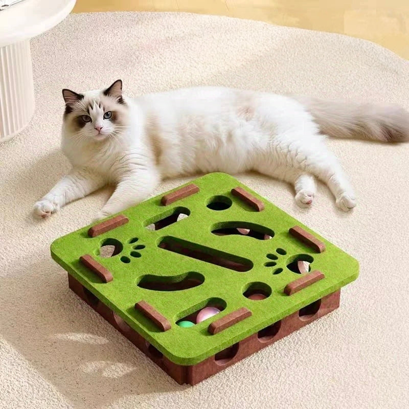 Cat Puzzle Maze Toy | Felt Box with Bell Ball & Scratch Boards