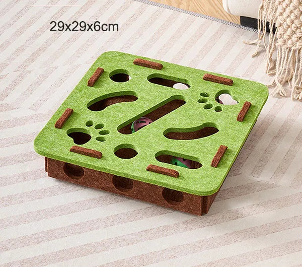 Cat Puzzle Maze Toy | Felt Box with Bell Ball & Scratch Boards