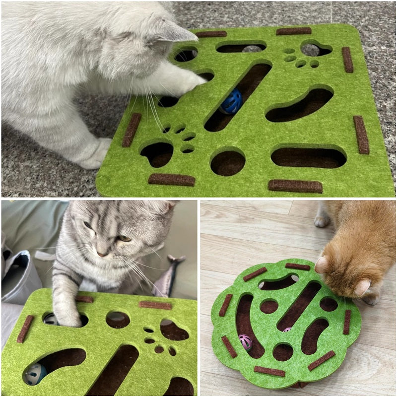 Cat Puzzle Maze Toy | Felt Box with Bell Ball & Scratch Boards