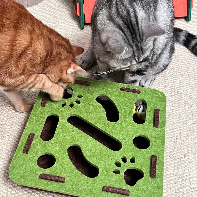 Cat Puzzle Maze Toy | Felt Box with Bell Ball & Scratch Boards
