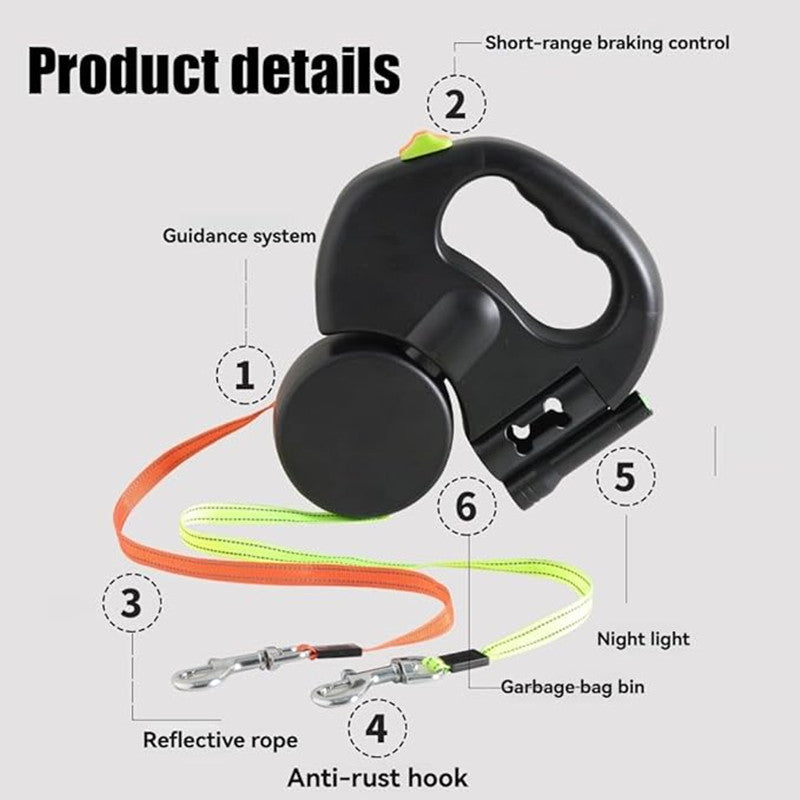 Tangle-Free Double Dog Leash with LED Light for Night Walks