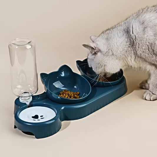 3-in-1 Cat Feeder & Water Dispenser | Double Bowl Pet Station