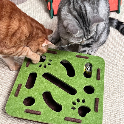 Cat Puzzle Maze Toy | Felt Box with Bell Ball & Scratch Boards