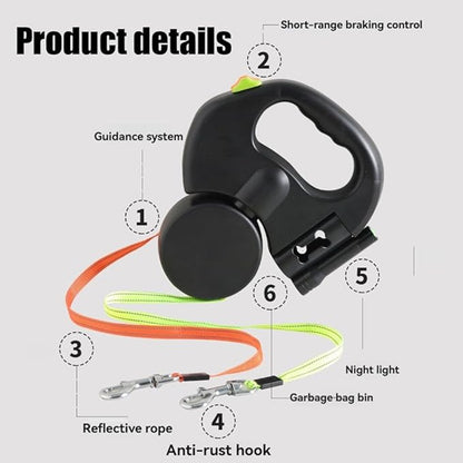 Tangle-Free Double Dog Leash with LED Light for Night Walks